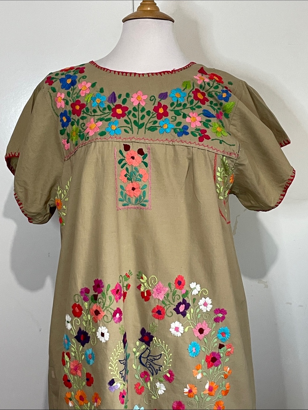 Vintage Hand Embroidered Khaki Mexican Puebla Maxi Dress - Picture 2 of 12